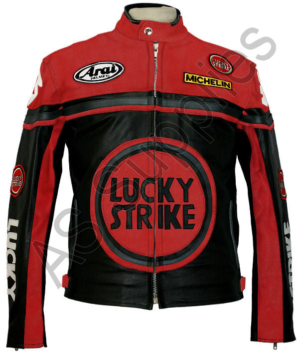 Black and red leather motorcycle jacket with Lucky Strike logo on a white background, front view