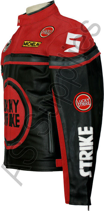 Black and red leather motorcycle jacket with Lucky Strike logo on a white background, side view