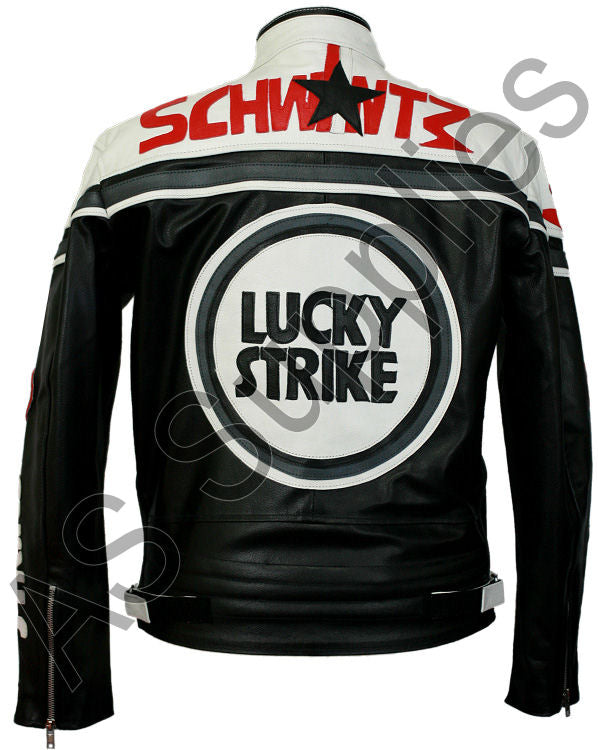 Black and white leather motorcycle jacket with Lucky Strike logo and Schwantz text on a white background, back view