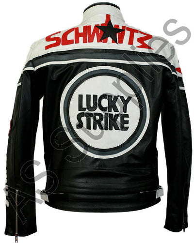Black and white leather motorcycle jacket with Lucky Strike logo and Schwantz text on a white background, back view