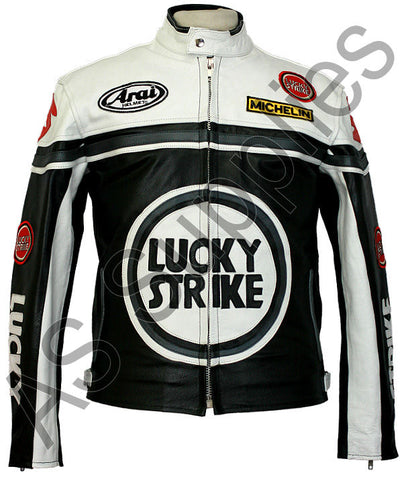 Black and white leather motorcycle jacket with Lucky Strike logo on a white background, front view