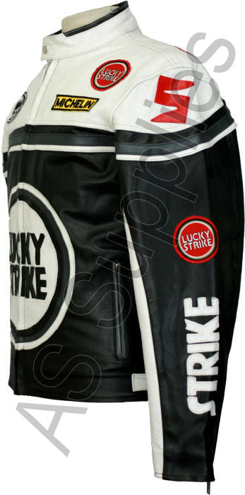 Black and white leather motorcycle jacket with Lucky Strike logo on a white background, side view