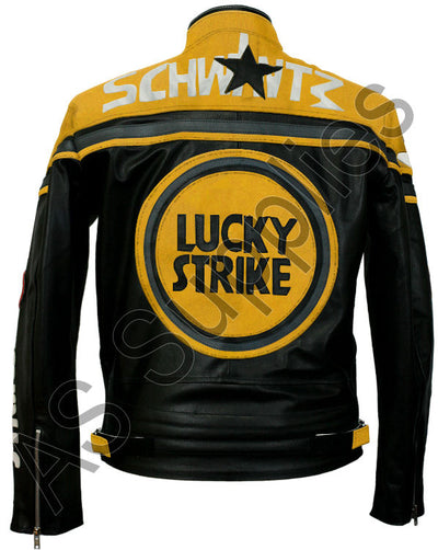 Black and yellow leather motorcycle jacket with Lucky Strike logo and Schwantz text on a white background, back view