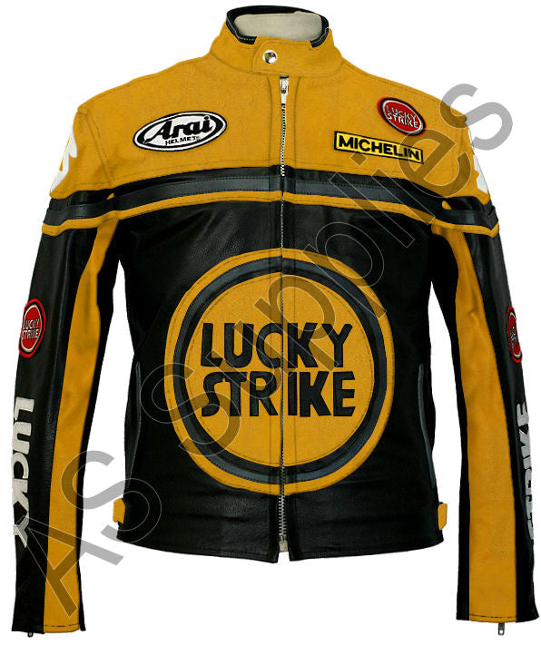 Black and yellow leather motorcycle jacket with Lucky Strike logo on a white background, front view