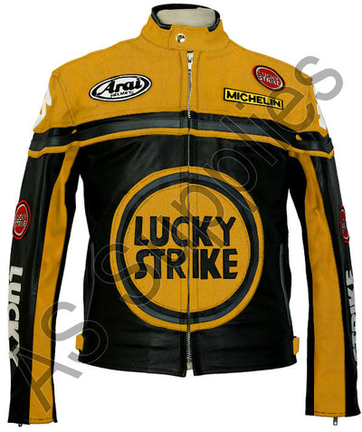 Black and yellow leather motorcycle jacket with Lucky Strike logo on a white background, front view