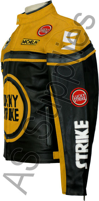 Black and yellow leather motorcycle jacket with Lucky Strike logo on a white background, side view