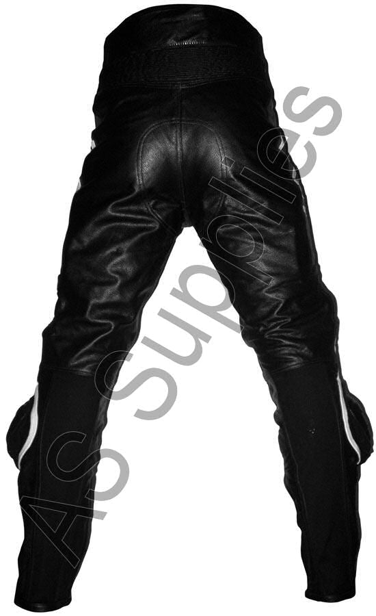 Black and white leather motorcycle trousers with Lucky Strike branding on a white background - Back view