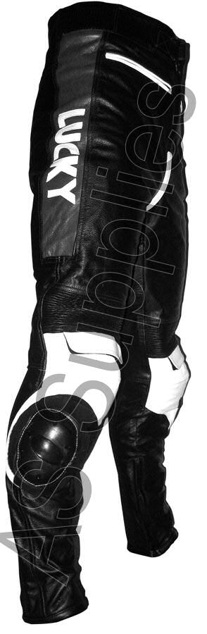Black and white leather motorcycle trousers with Lucky Strike branding and knee sliders on a white background - Side View