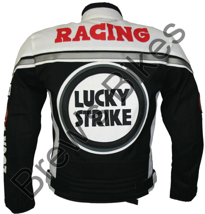 Cordura textile motorcycle jacket in black and white with Lucky Strike logo and various brand logos - Back view