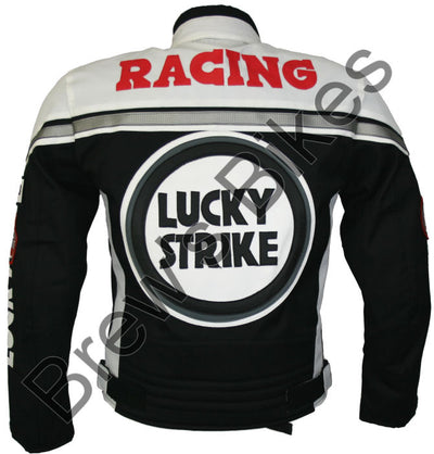Cordura textile motorcycle jacket in black and white with Lucky Strike logo and various brand logos - Back view