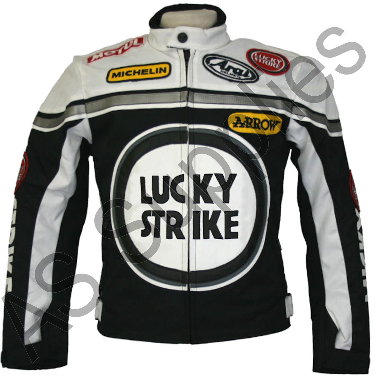 Cordura textile motorcycle jacket in black and white with Lucky Strike logo and various brand logos - Front view