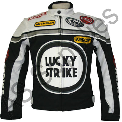 Cordura textile motorcycle jacket in black and white with Lucky Strike logo and various brand logos - Front view