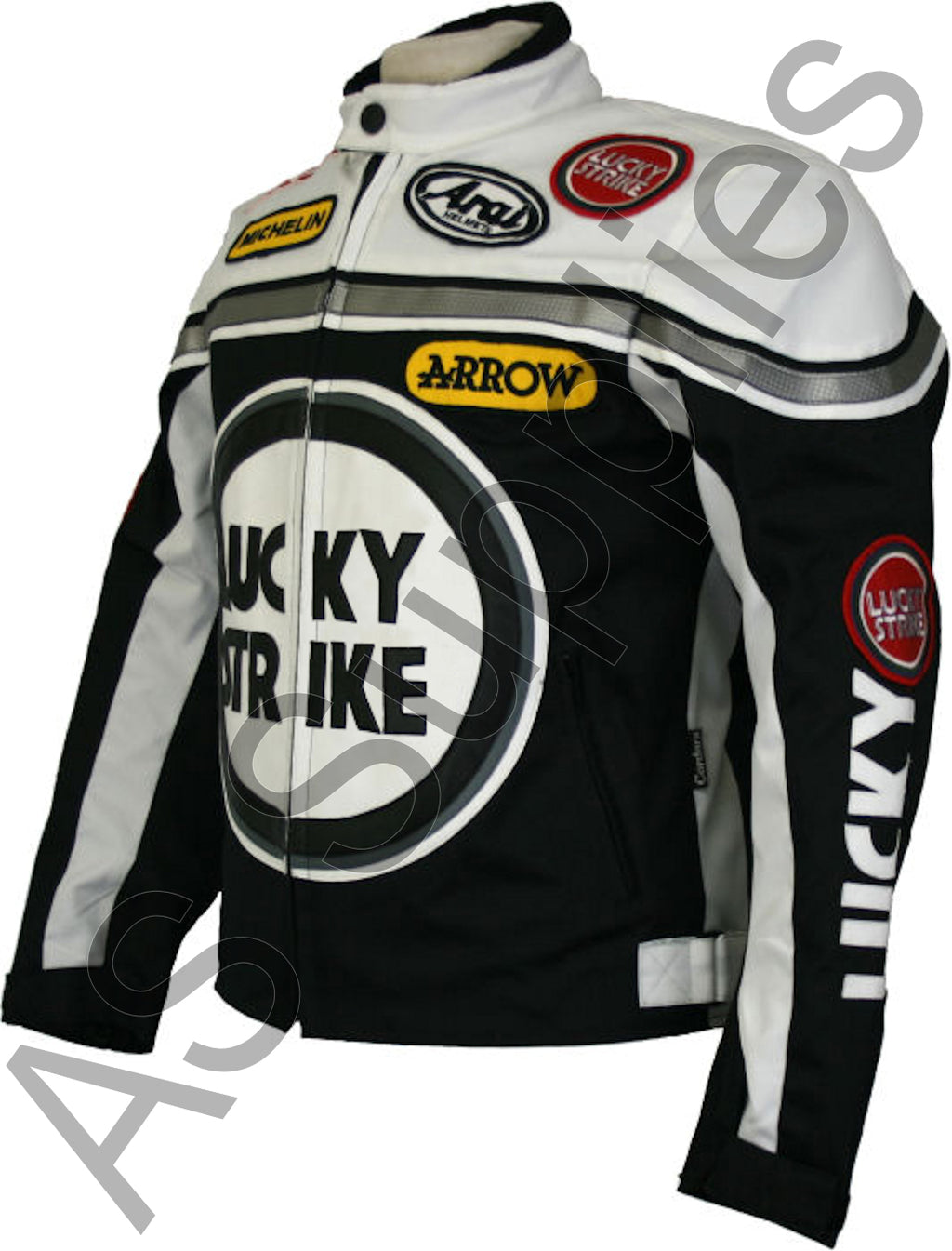 Cordura textile motorcycle jacket in black and white with Lucky Strike logo and various brand logos - Side view