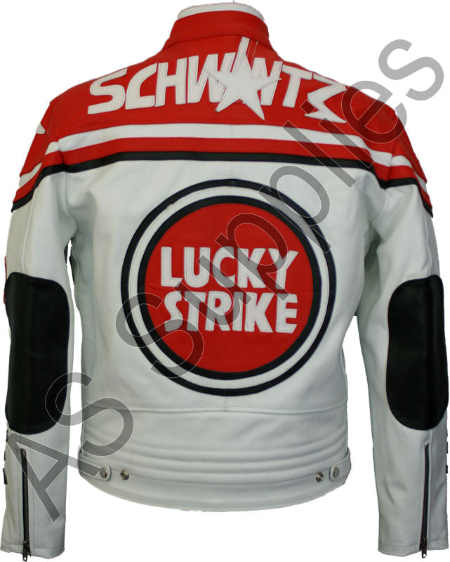 Red and white leather biker jacket with Lucky Strike branding on a white background - Back view