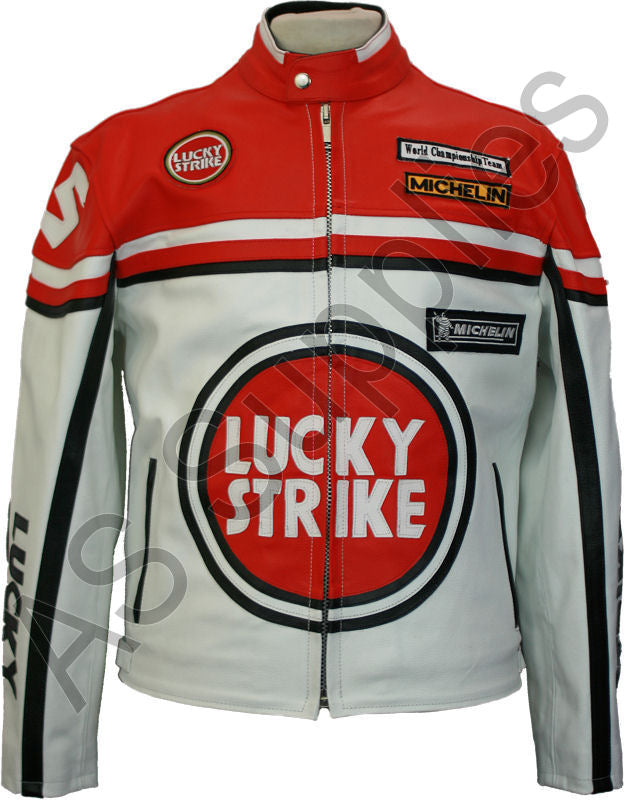 Red and white leather biker jacket with Lucky Strike branding on a white background - Front view
