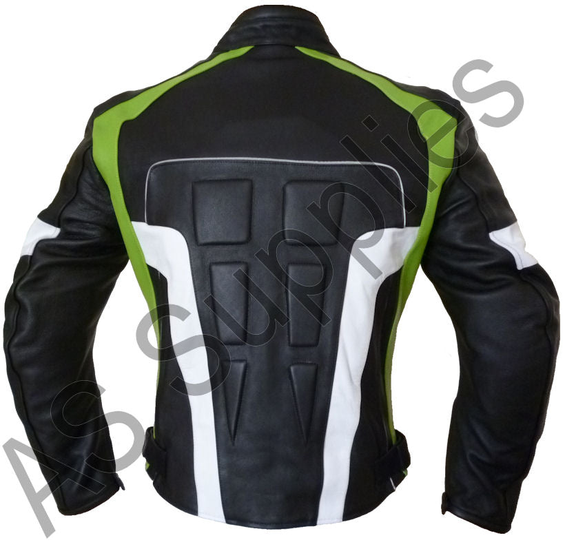 Black and green Kawasaki motorcycle jacket with embossing on a white background - Back view