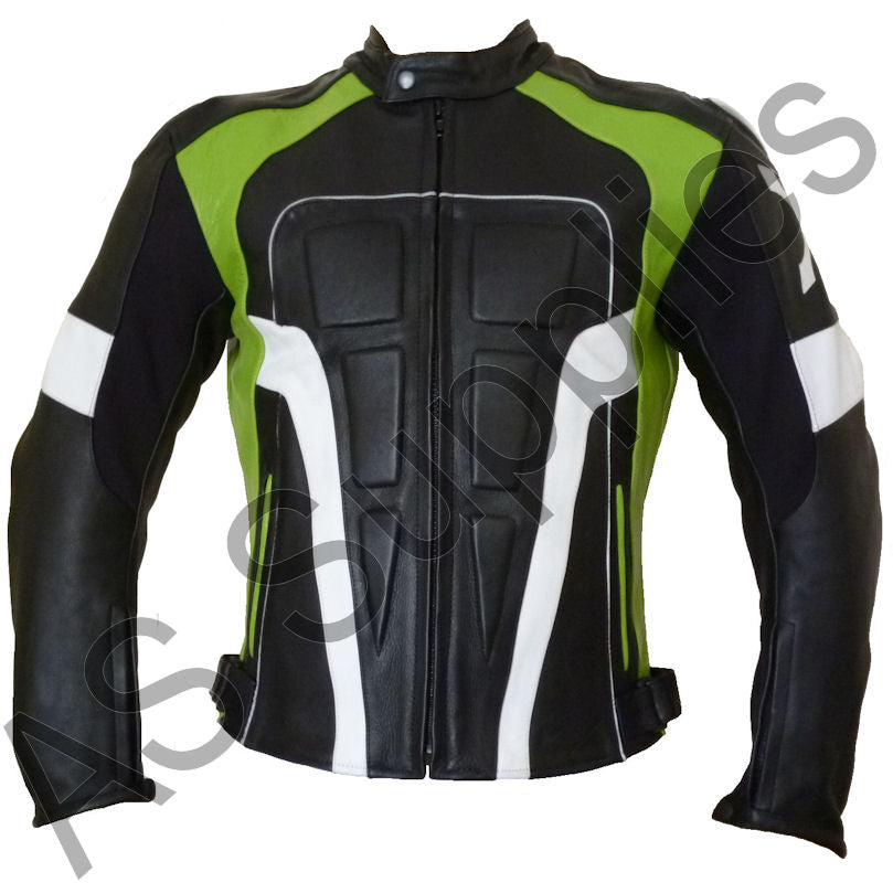 Black and green Kawasaki motorcycle jacket with embossing on a white background - Front view