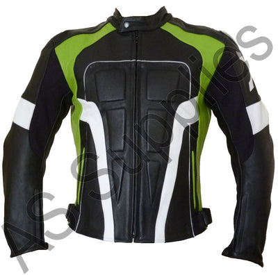 Black and green Kawasaki motorcycle jacket with embossing on a white background - Front view