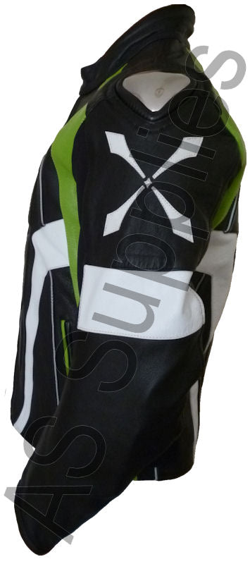 Black and green Kawasaki motorcycle jacket with embossing on a white background - Side view