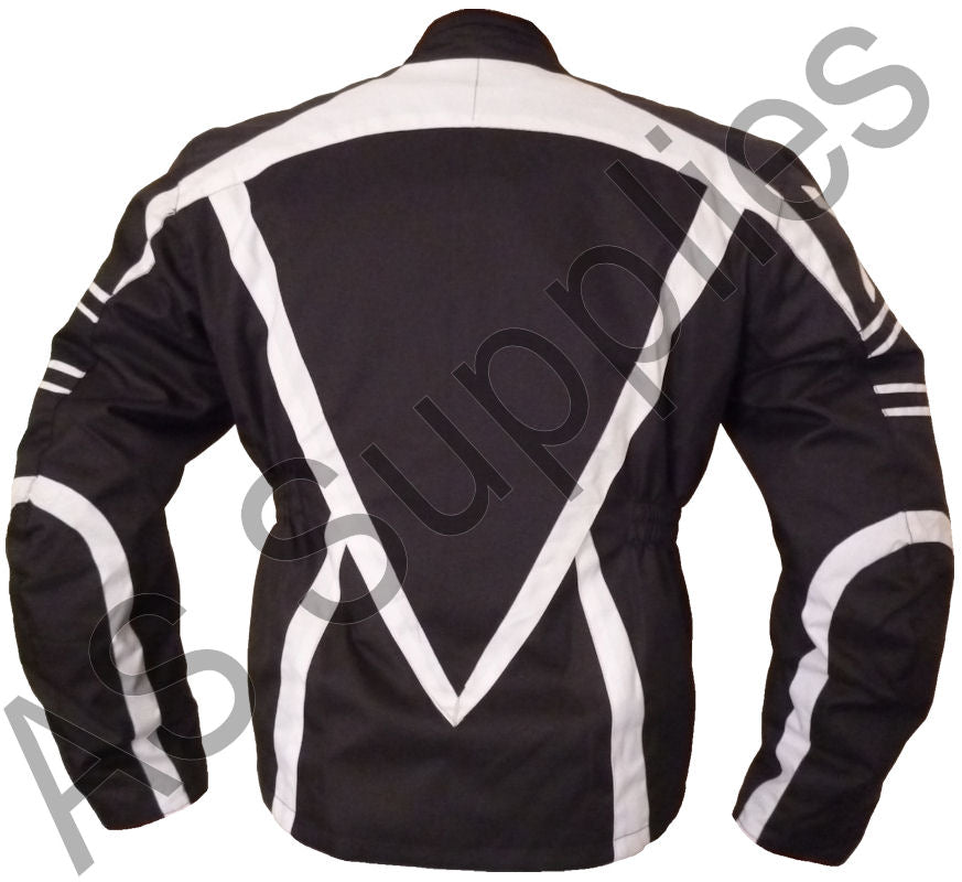 Black Cordura textile motorcycle jacket from the neXus range with white accents on a white background - Back view