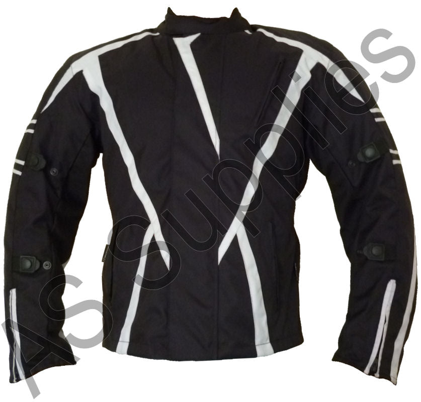 Black Cordura textile motorcycle jacket from the neXus range with white accents on a white background - Front view