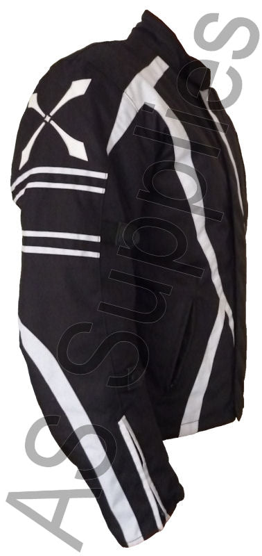 Black Cordura textile motorcycle jacket from the neXus range with white accents on a white background - Side view