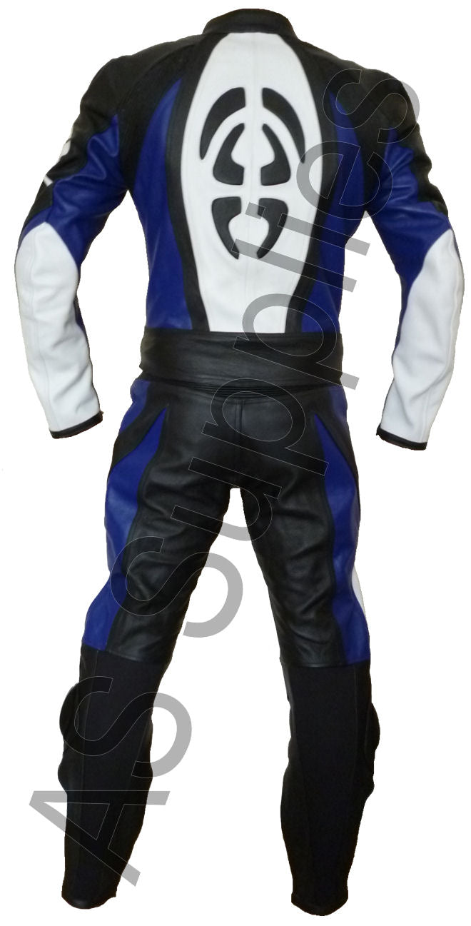 Motorcycle leather racing suit with black, white, and blue scarab design on a white background - Back view