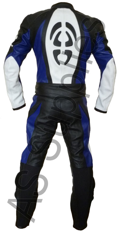 Motorcycle leather racing suit with black, white, and blue scarab design on a white background - Back view