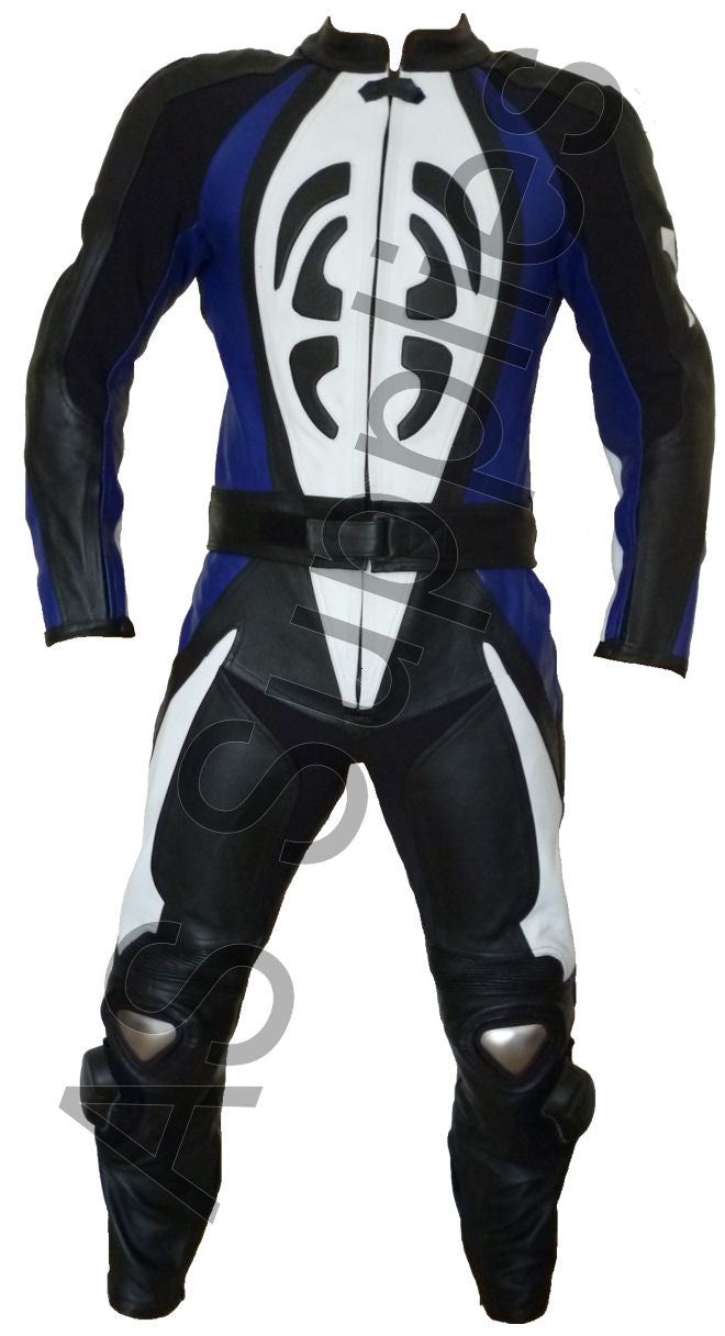 Motorcycle leather racing suit with black, white, and blue scarab design on a white background - Front view