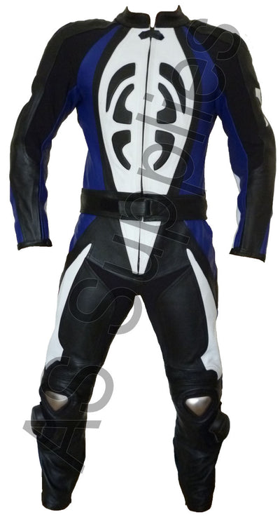 Motorcycle leather racing suit with black, white, and blue scarab design on a white background - Front view