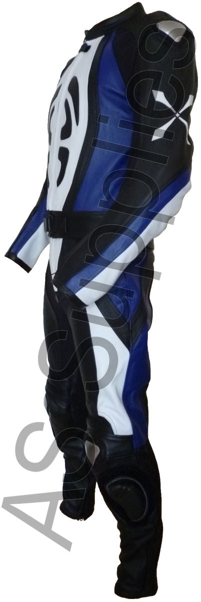 Motorcycle leather racing suit with black, white, and blue scarab design on a white background - Side view