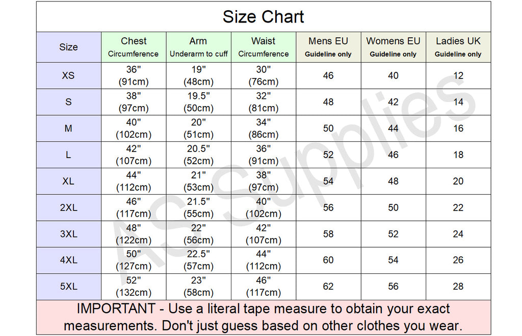 Size chart for leather motorcycle jacket measurements with various dimensions listed.