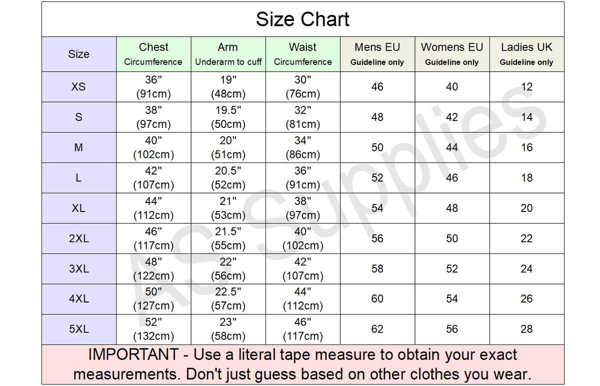 Size chart for leather motorcycle jacket measurements with various dimensions listed.