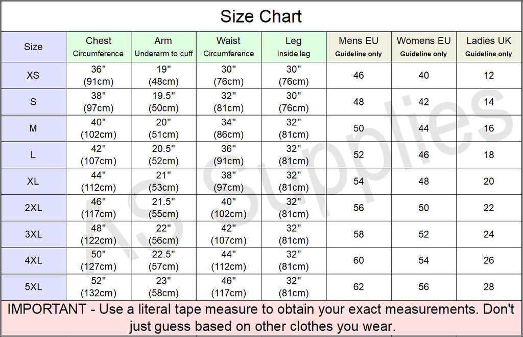 Size chart for leather motorcycle jacket measurements with various dimensions listed.