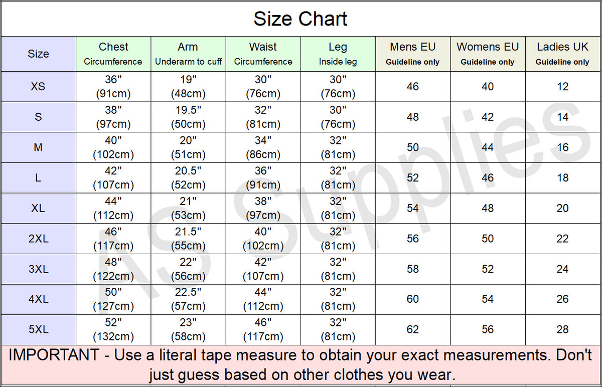 Size chart for leather motorcycle jacket measurements with various dimensions listed.