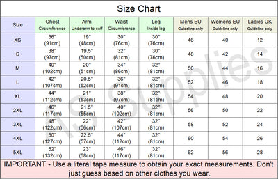 Size chart for leather motorcycle jacket measurements with various dimensions listed.