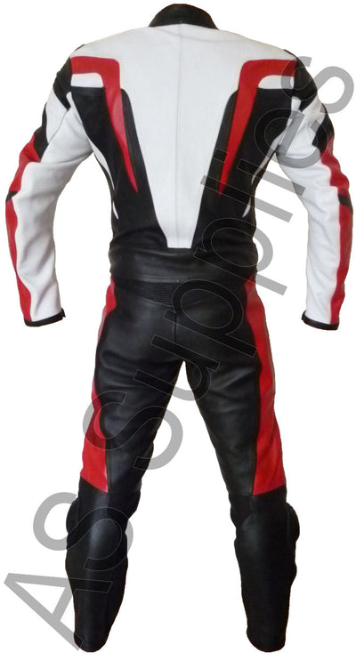 Black, red, and white leather motorcycle racing suit on a white background - Back view