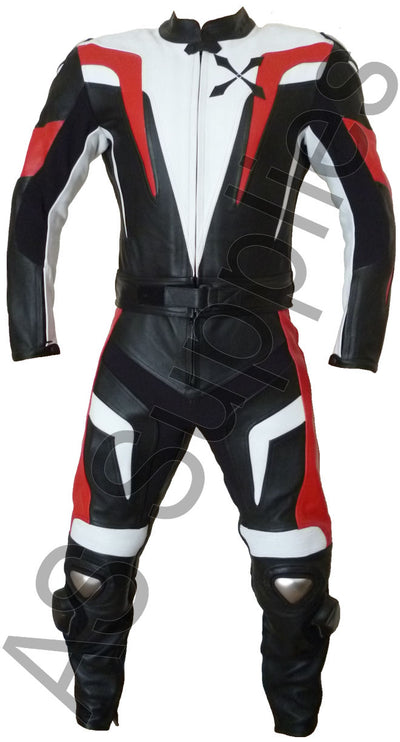Black, red, and white leather motorcycle racing suit on a white background - Front view