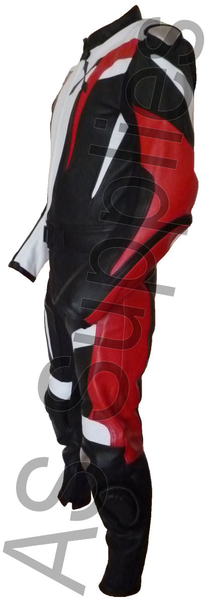 Black, red, and white leather motorcycle racing suit on a white background - Side view