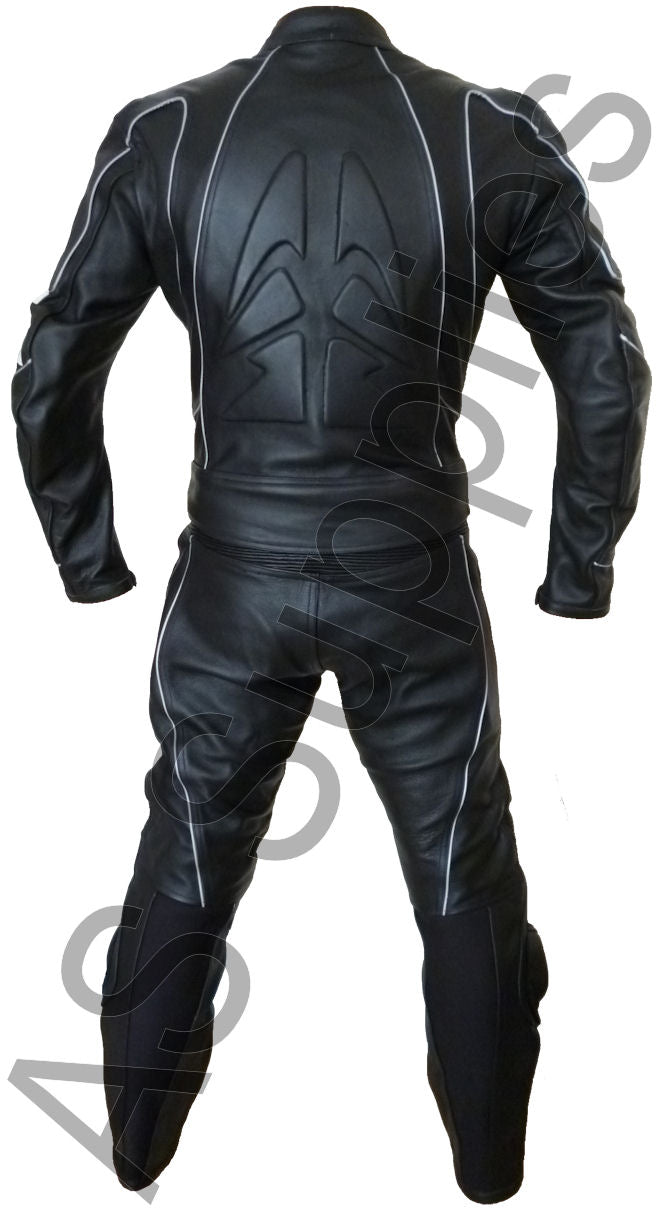 Black leather two-piece motorcycle suit with embossing and reflective piping - Back view