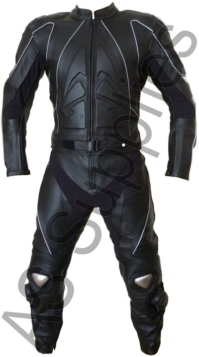 Black leather two-piece motorcycle suit with embossing and reflective piping - Front view