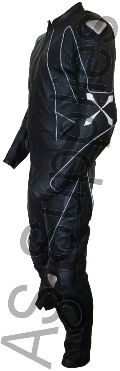 Black leather two-piece motorcycle suit with embossing and reflective piping - Side view